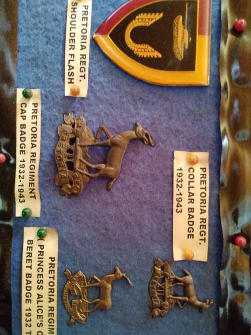 Display of South African Traditional Regiments cap/beret badges, shoulder titles and collar badges.