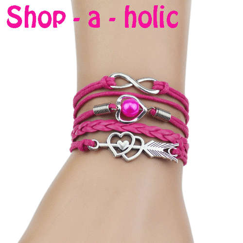 *** GENUINE LEATHER BRAIDED CHARM BRACELET - INFINITY PINK ***