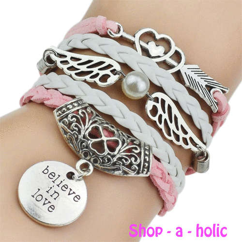 *** GENUINE LEATHER BRAIDED CHARM BRACELET - BELIEVE IN LOVE PINK ***