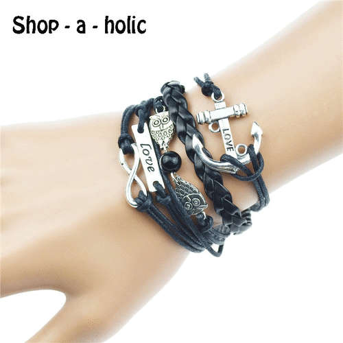 *** NEW  - GENUINE LEATHER BRAIDED CHARM BRACELET - LOVE ANCHOR BLK ***