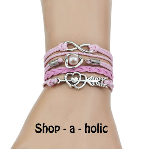 *** GENUINE LEATHER BRAIDED CHARM BRACELET - LOVE ARROW PINK ***