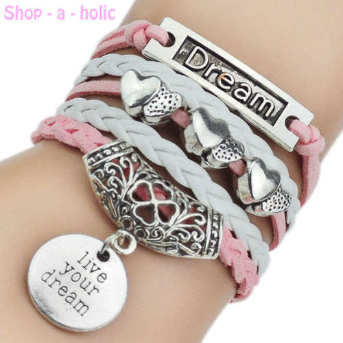 *** NEW - GENUINE LEATHER BRAIDED CHARM BRACELET -LIVE YOUR DREAM PNK WHT ***
