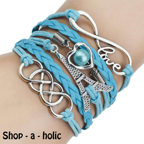 ***NEW - GENUINE LEATHER BRAIDED CHARM BRACELET - EIFFEL TOWER BLUE ***