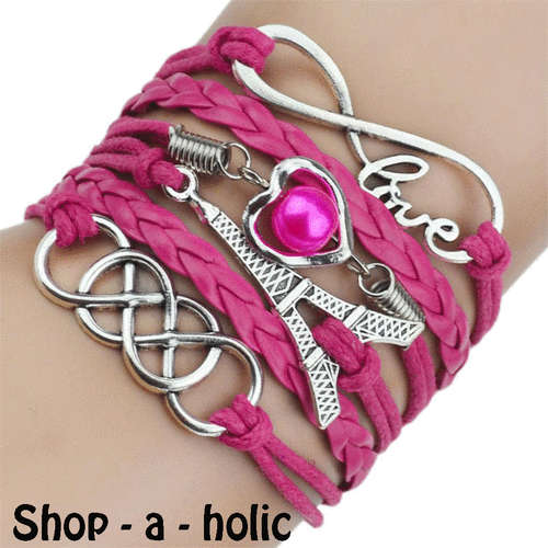 ***NEW - GENUINE LEATHER BRAIDED CHARM BRACELET - EIFFEL TOWER PINK***