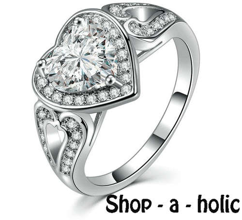 *** PRINCESS HEART ~ CZ  ~ 18K WHITE GOLD PLATED RING * Size 8  / P ***