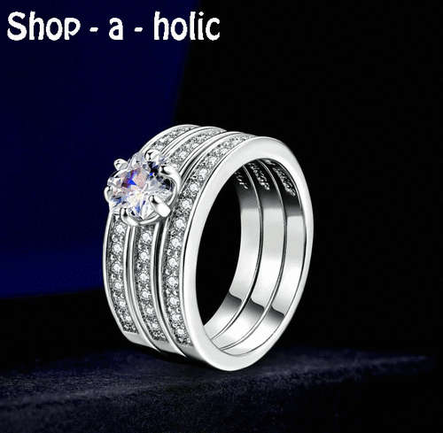 *** STUNNING TRIPLE STACK 18K WHITE GOLD PLATED WEDDING SET  * Size 9  / R  ***