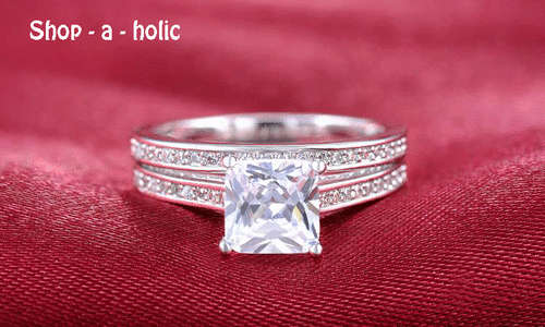 *** PRINCESS 18K WHITE GOLD PLATED ENGAGEMENT SET  * Size 8 / P 1/2***