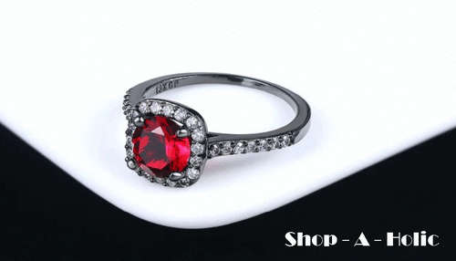 *** SIMULATED RUBY RED CZ  ~  18K BLACK GP ~ ENGAGEMENT RING * Size 8 / P ***