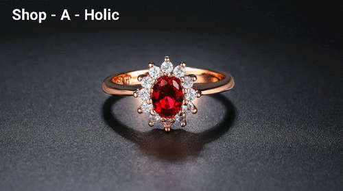 *** 0.75 ct PRINCESS KATE STYLE  ~ 18K ROSE GP - RUBY RED CRYSTAL ENG RING * Size 6 / 8  ***