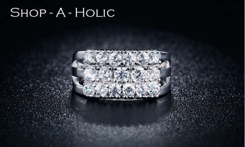 *XMAS GIFT IDEA: LUXURY 3 ROW ~ 18K WHITE GP ~ SIM DIAMOND ENG RING * Size 6 / 7 / 8 / 9 AVAILABLE *