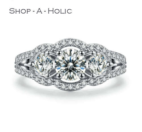 *** CLASSIC 3 STONE SIM DIAMOND  ~  18K WHITE GP ENG RING * Size 6  ***