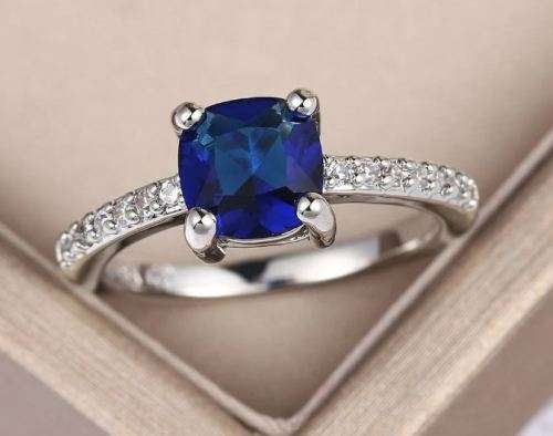 * 2 CARAT CUSHION CUT  ~ 18K GP ~ SIM ROYAL BLUE RING * Size: 8.5  *