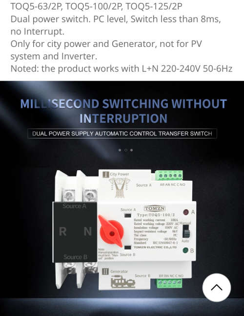 TOMZN ATS 220V Dual Automatic Transfer Switch