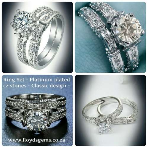 Platinum plated RING SET, ENGAGEMENT/WEDDING RINGS, FREE RING BOX,SIZES  7,,9,
