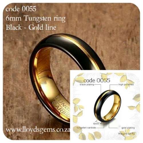 Unisex Tungsten, Black Gold line/inner, 6mm FREE BOX, SIZES 6 to 12