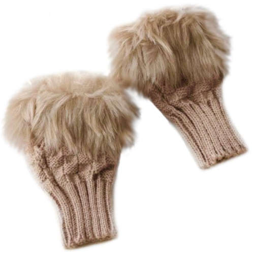 Glamorous & Practical Fashion Beige Fingerless Knitted Gloves With Faux Fur Detail