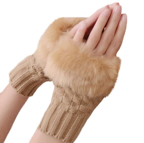 Glamorous & Practical Fashion Beige Fingerless Knitted Gloves With Faux Fur Detail