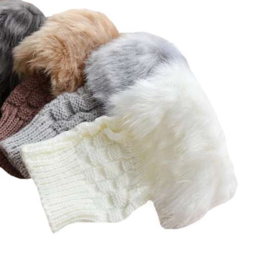 Glamorous & Practical Fashion Beige Fingerless Knitted Gloves With Faux Fur Detail