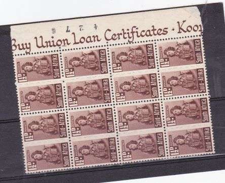 UNION 1942 SMALL WAR EFFORT 1 1/2d  LARGE BLOCK WITH SHEET NUMBER TAB AND SHADING ERROR
