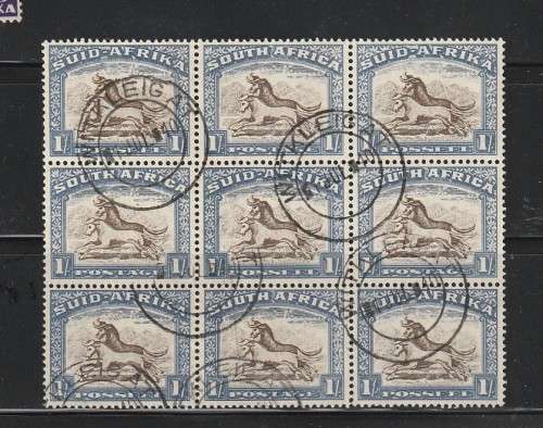 1933-48 hyphenated pictorials  1/- BLOCK OF 9 FINE USED CLEAR CANCEL