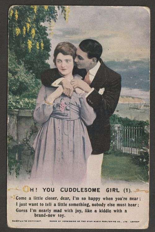 bamforth postcard`````Oh you cuddlesome girl`