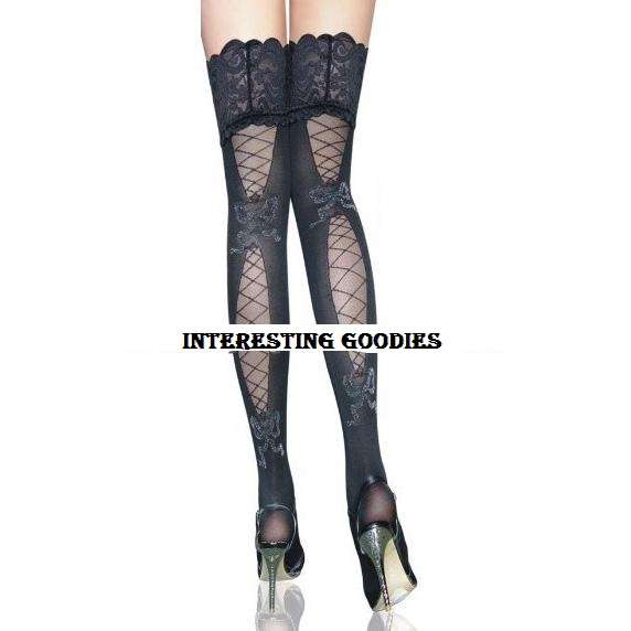 Black Opaque Spandex Stockings with Lace up Detail - one size