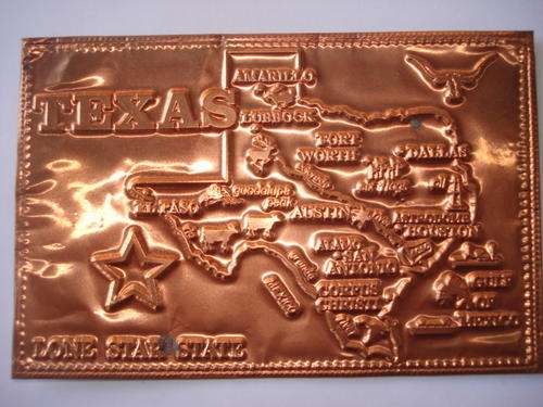Unusual Copper pressed Postcard depicting map of Texas