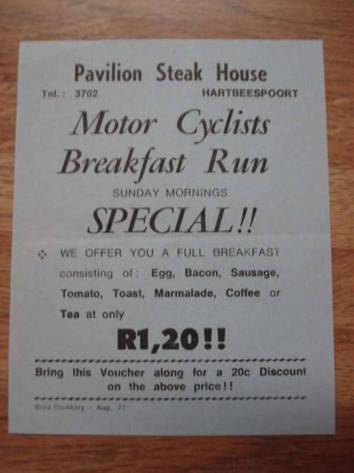 An Old Voucher for "Pavilion Steak House" Hartbeespoort - Breakfast Run Special 1977