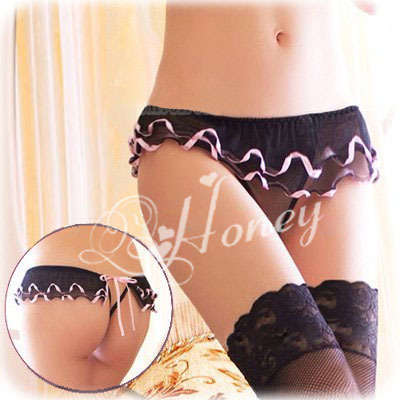 Black Lace G-string with pink ribbon edging