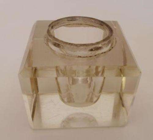 Vintage Heavy 6 cm Square Glass Bevelled Edged Ink Well weighs 350gm.
