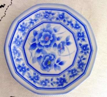 Collectors Plate 12cm across  Ten Sided Rim with White  background and Blue flowers