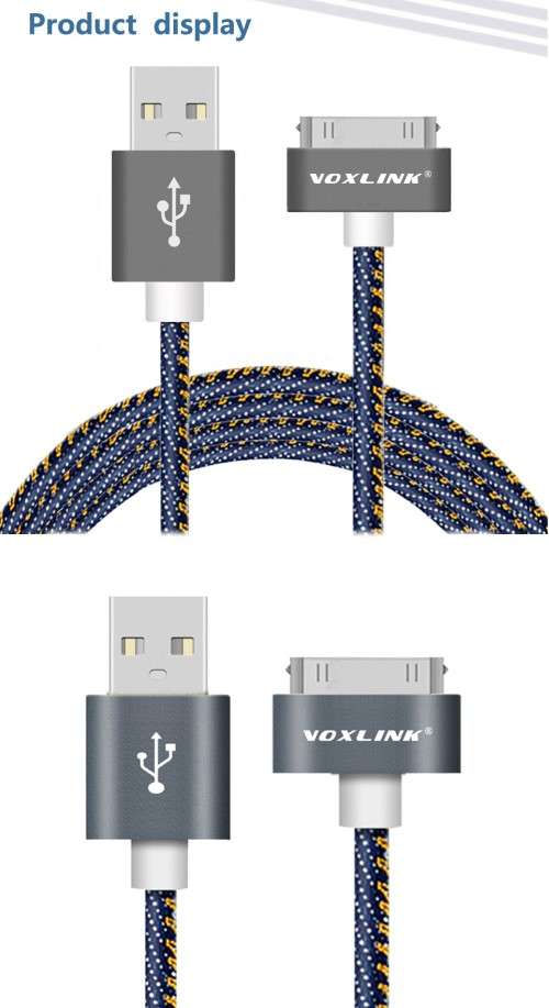 FANTASTIC PRICE!!VOXLINK Denim 30Pin USB Cable2M Data Transmission Charger cable Apple4 4siPad2 3 4