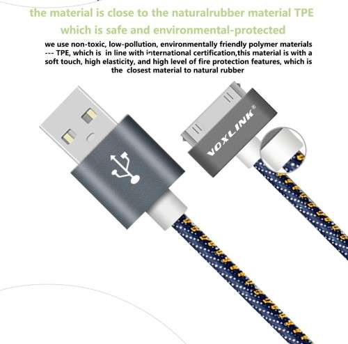 FANTASTIC PRICE!!VOXLINK Denim 30Pin USB Cable2M Data Transmission Charger cable Apple4 4siPad2 3 4