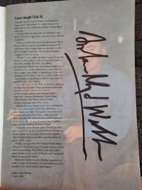 Andrew Lloyd Webber 50th Birthday with original autograph, 32 pages