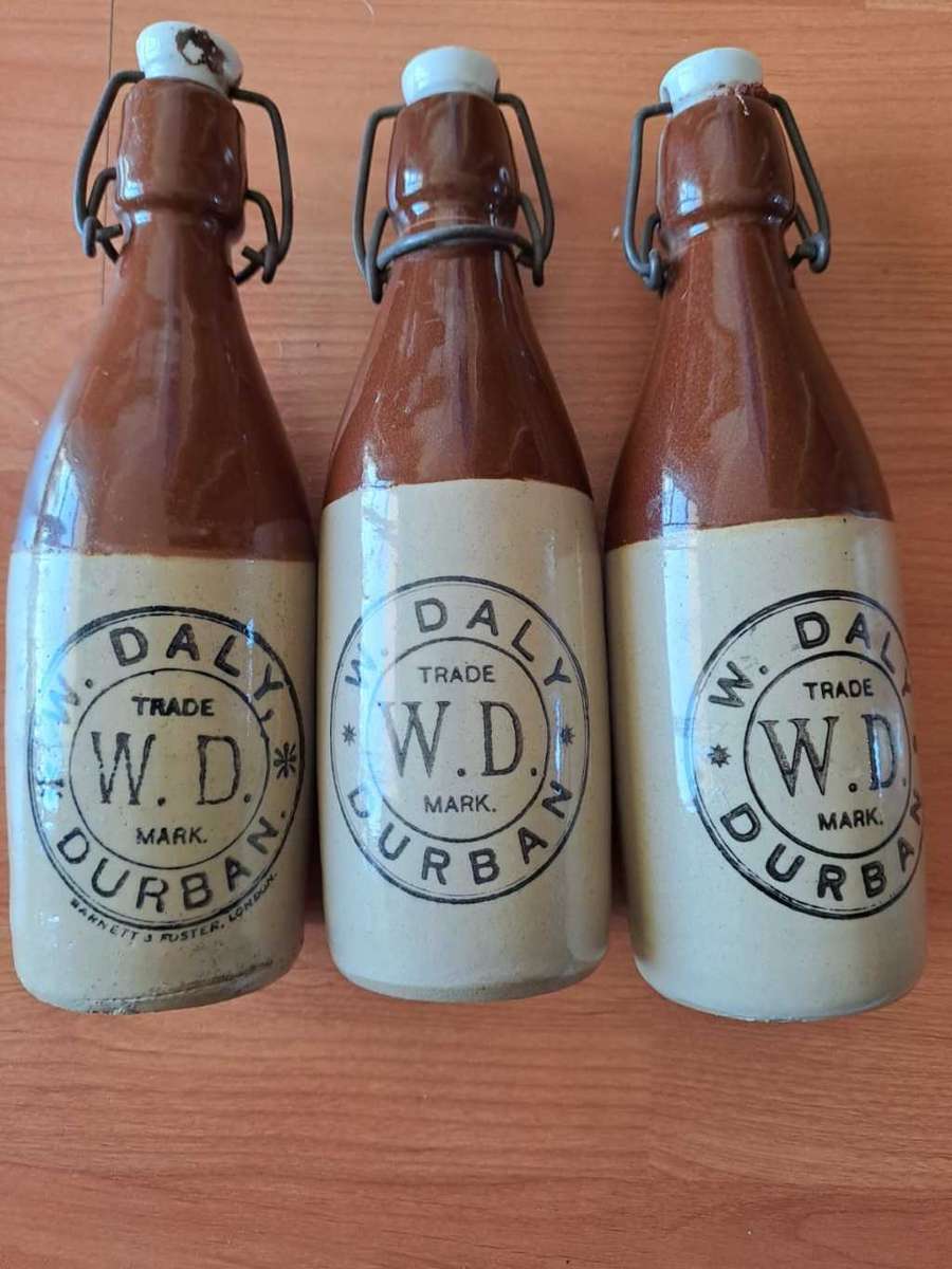 W Daly, Durban 3 x ginger beer pottery bottles, great condition