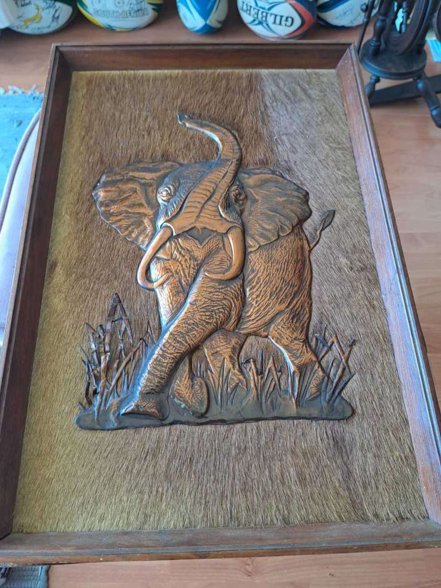 Copper African Elephant on Kudu skin, framed by HT Enterprises