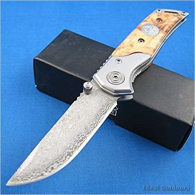 Puma Genuine Damascus Olive Wood Folder Linerlock Knife