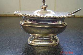 STUNNING FOOTED MUSTARD BOWL WITH BLUE GLASS LINER AND SPOON HALLMARKED???