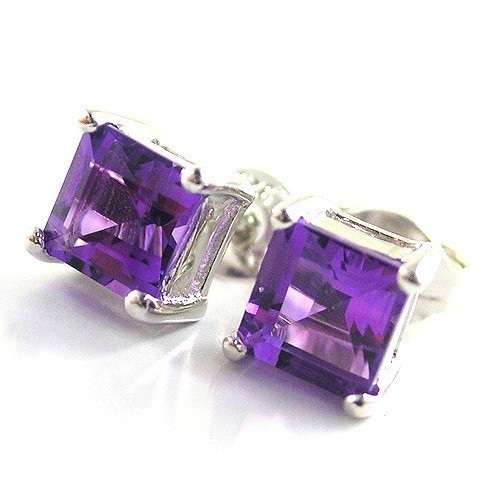 SQUARE  Genuine Amethyst Earrings Studs 925 Sterling Silver