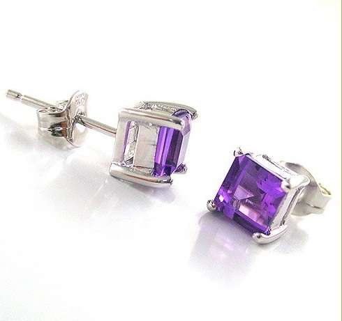 SQUARE  Genuine Amethyst Earrings Studs 925 Sterling Silver