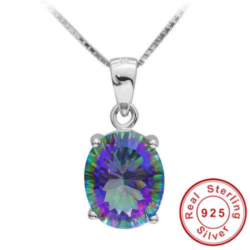 3.5ct Genuine Rainbow Mystic Topaz Oval Pendant .925 Sterling Silver