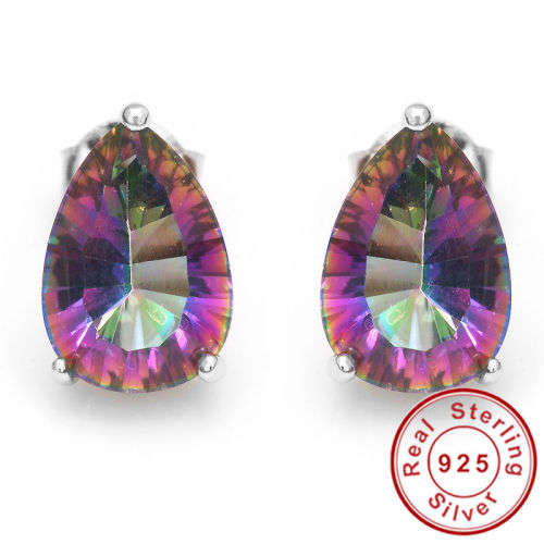 EARRINGS~Genuine Mystic Rainbow Topaz Earrings Stud 925 Sterling Silver Pear