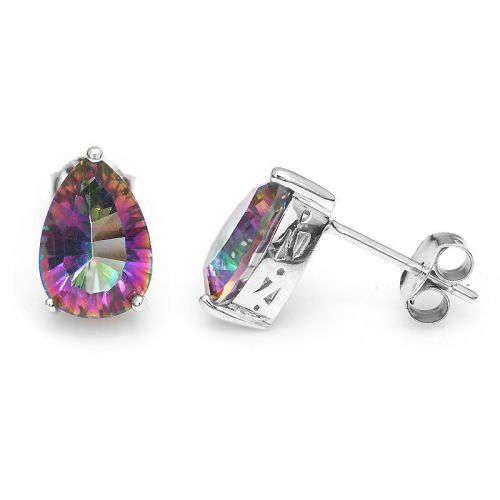 EARRINGS~Genuine Mystic Rainbow Topaz Earrings Stud 925 Sterling Silver Pear