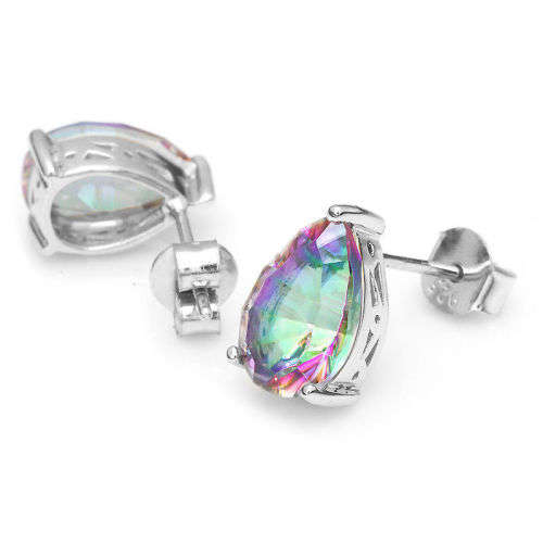 EARRINGS~Genuine Mystic Rainbow Topaz Earrings Stud 925 Sterling Silver Pear