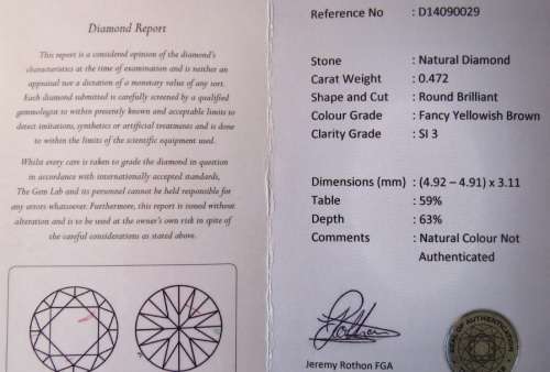 DIAMOND CERTIFIED  -0.47 CARAT FANCY YELLOW BROWN SI3 ROUND BRILLIANT NATURAL LOOSE DIAMOND