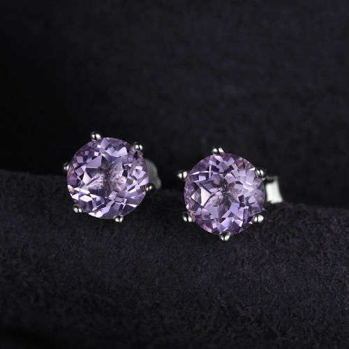 EARRINGS~Natural Round Amethyst Earrings Studs Solid .925 Sterling Silver