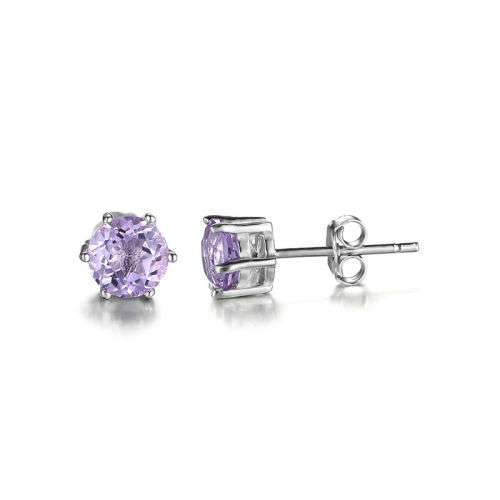 EARRINGS~Natural Round Amethyst Earrings Studs Solid .925 Sterling Silver
