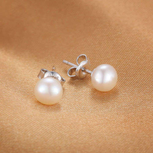 Earrings- Cultured Freshwater Pearl Button Ball Stud Earrings Solid 925 Sterling Silver