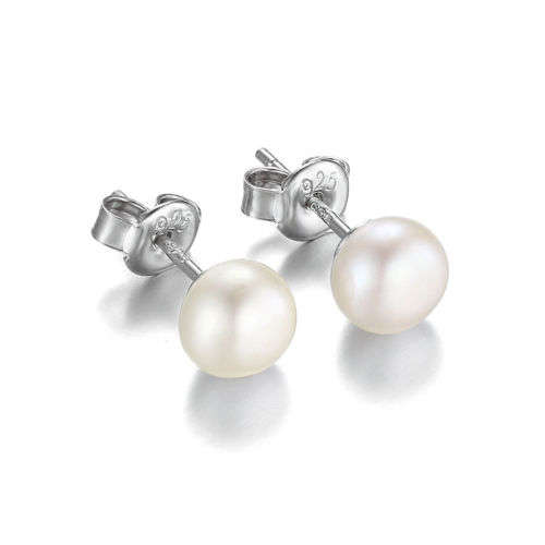 Earrings- Cultured Freshwater Pearl Button Ball Stud Earrings Solid 925 Sterling Silver