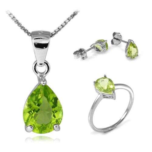 Genuine Peridot Pear Set: Pendant, Necklace, Earrings, Ring .925 Silver 4-6ct